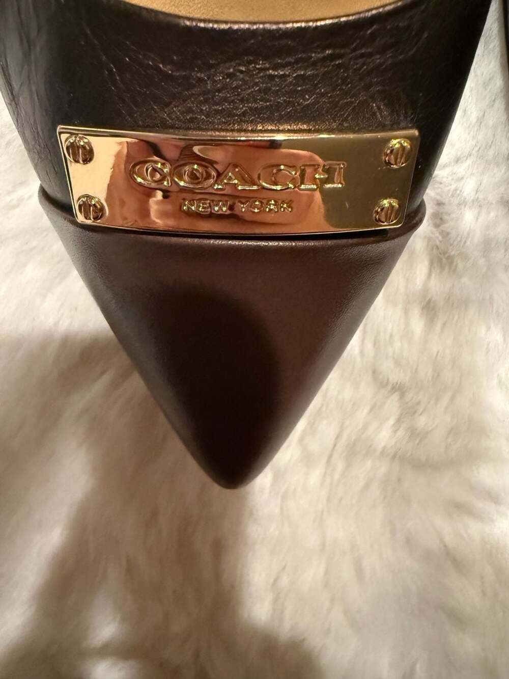 Coach Metallic Brown Pointed-Toe Cap-Toe Pumps with Logo Plaque - Picture 2 of 8